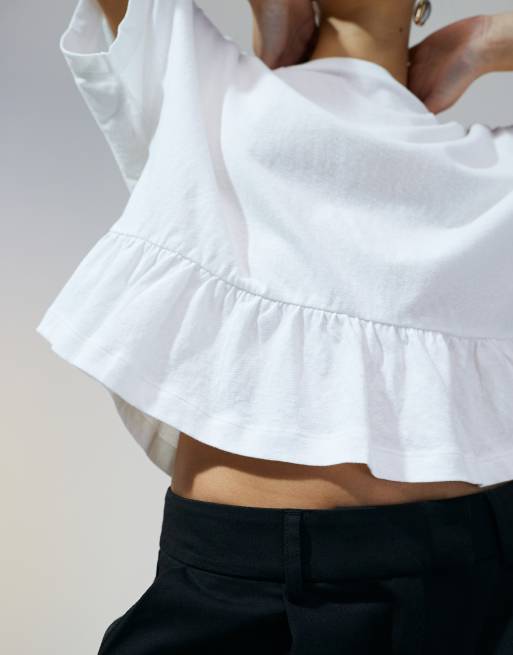 ASOS DESIGN boxy short sleeve linen look peplum t-shirt in white