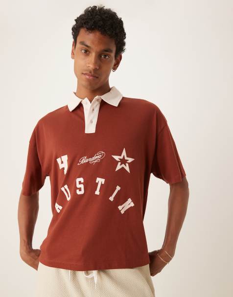 ASOS DESIGN boxy short sleeve polo shirt with city print in brown - view 1