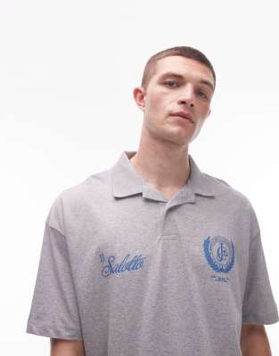Asos Design Boxy Short Sleeve Polo Shirt With Front Chest Print