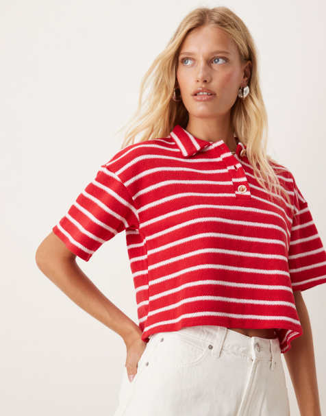 ASOS DESIGN boxy short sleeve polo top in red and pink stripe - view 1