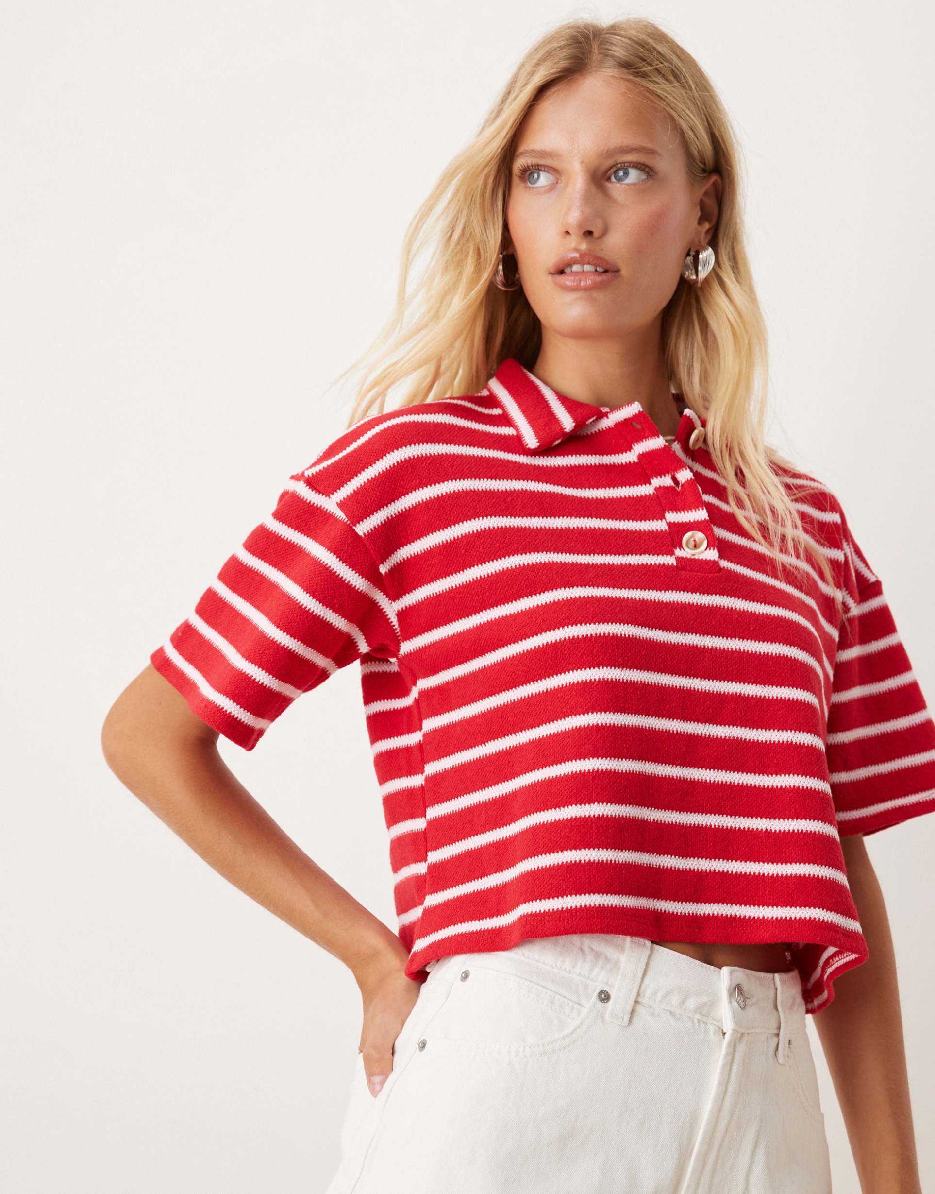 asos design boxy short sleeve polo top in red and pink stripe