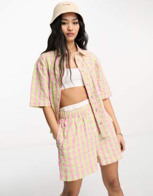 Asos Design Boxy Shorts With Buttons In Pink And Green Check - Part Of A Set-multi