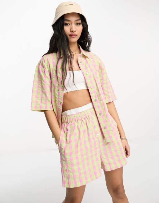 ASOS DESIGN boxy shorts with buttons in pink and green check - part of a  set