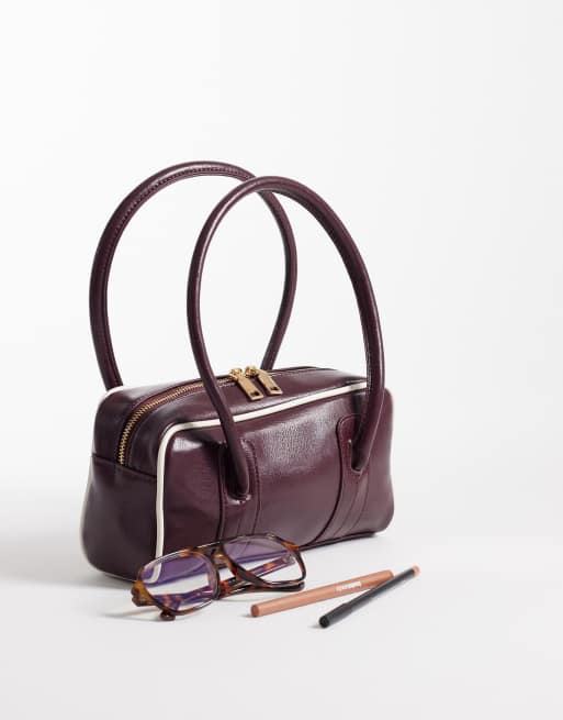 ASOS DESIGN boxy shoulder bag with contrast binding in burgundy, 2 of 4