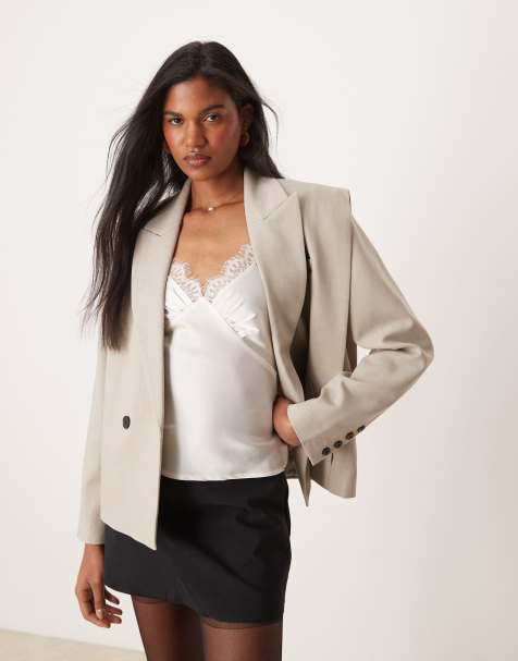 ASOS DESIGN boxy shoulder detail blazer in stone - view 1