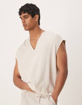 Asos Design Boxy Sleeveless Overhead Linen Blend Shirt In Neutral
