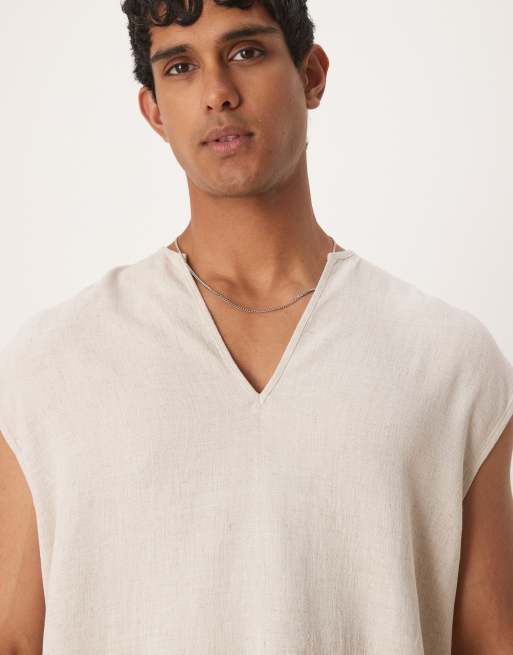 ASOS DESIGN boxy sleeveless overhead linen blend shirt in stone