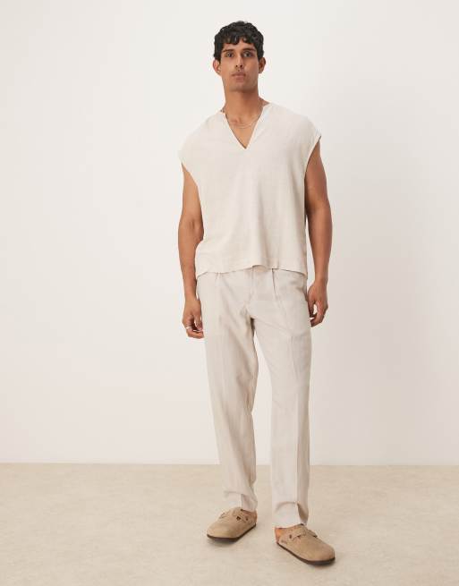 ASOS DESIGN boxy sleeveless overhead linen blend shirt in stone