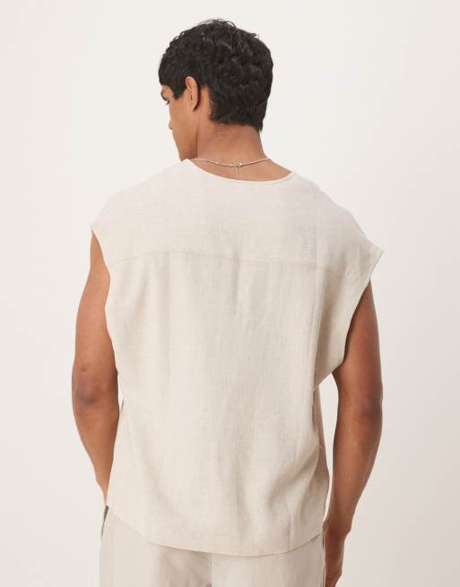ASOS DESIGN boxy sleeveless overhead linen blend shirt in stone