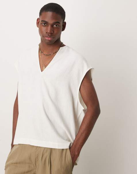 ASOS DESIGN boxy sleeveless overhead linen blend shirt in white - view 1