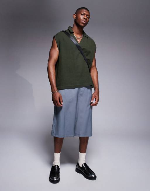 ASOS DESIGN sleeveless boxy oversized textured shirt in green