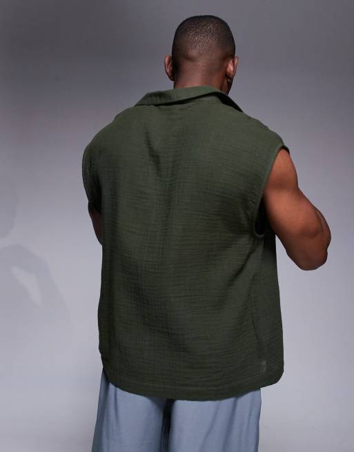 ASOS DESIGN sleeveless boxy oversized textured shirt in green