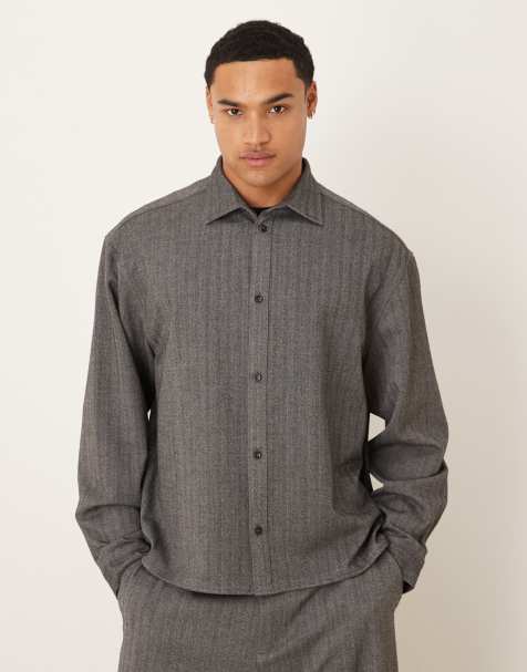 ASOS DESIGN boxy smart long sleeve overshirt in charcoal herringbone (part of a set) - view 1