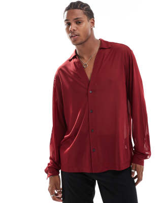 Asos Design Boxy Stretch Sheer Shirt With Deep Revere In Burgundy-red