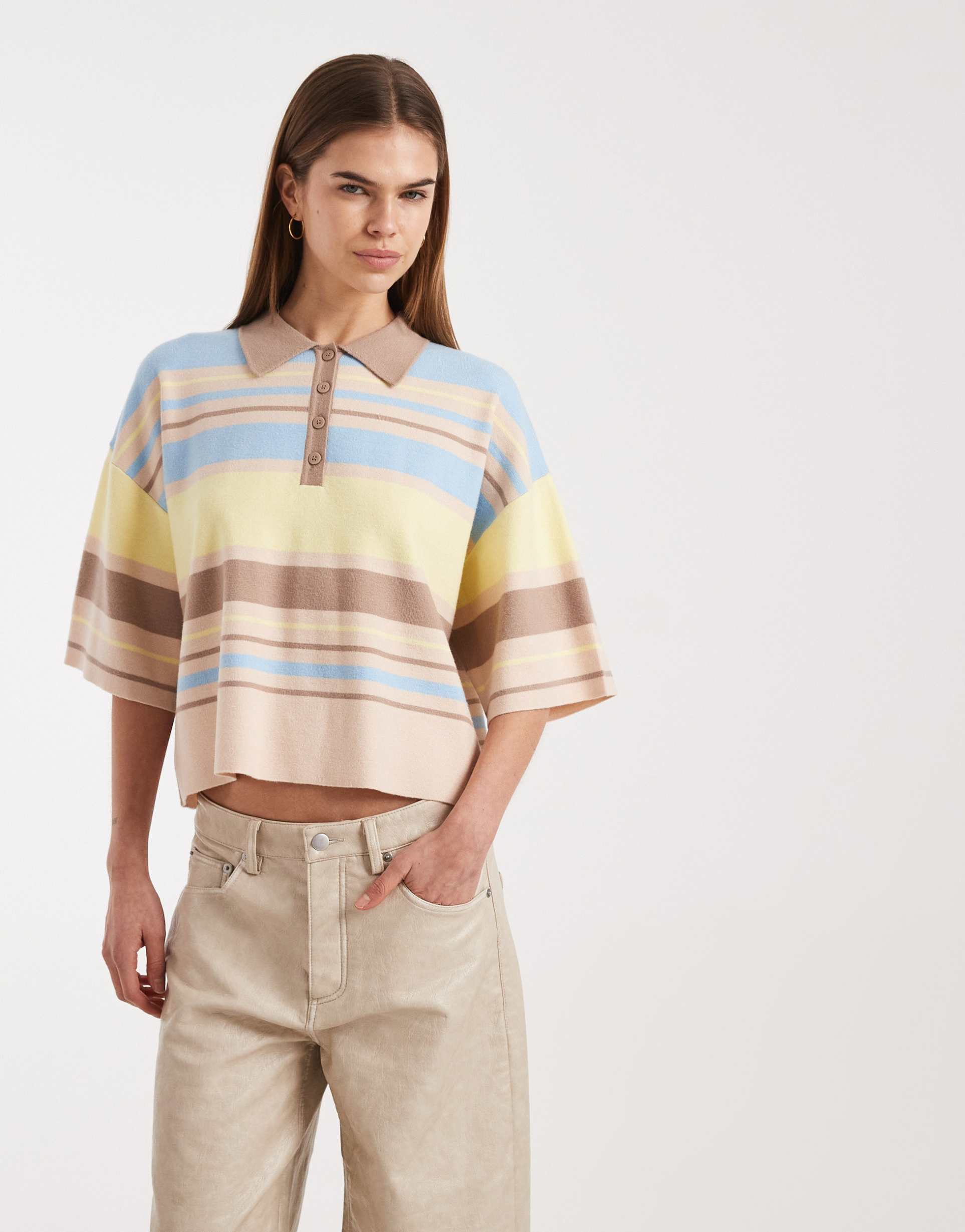 asos design boxy striped polo shirt in pastel multi