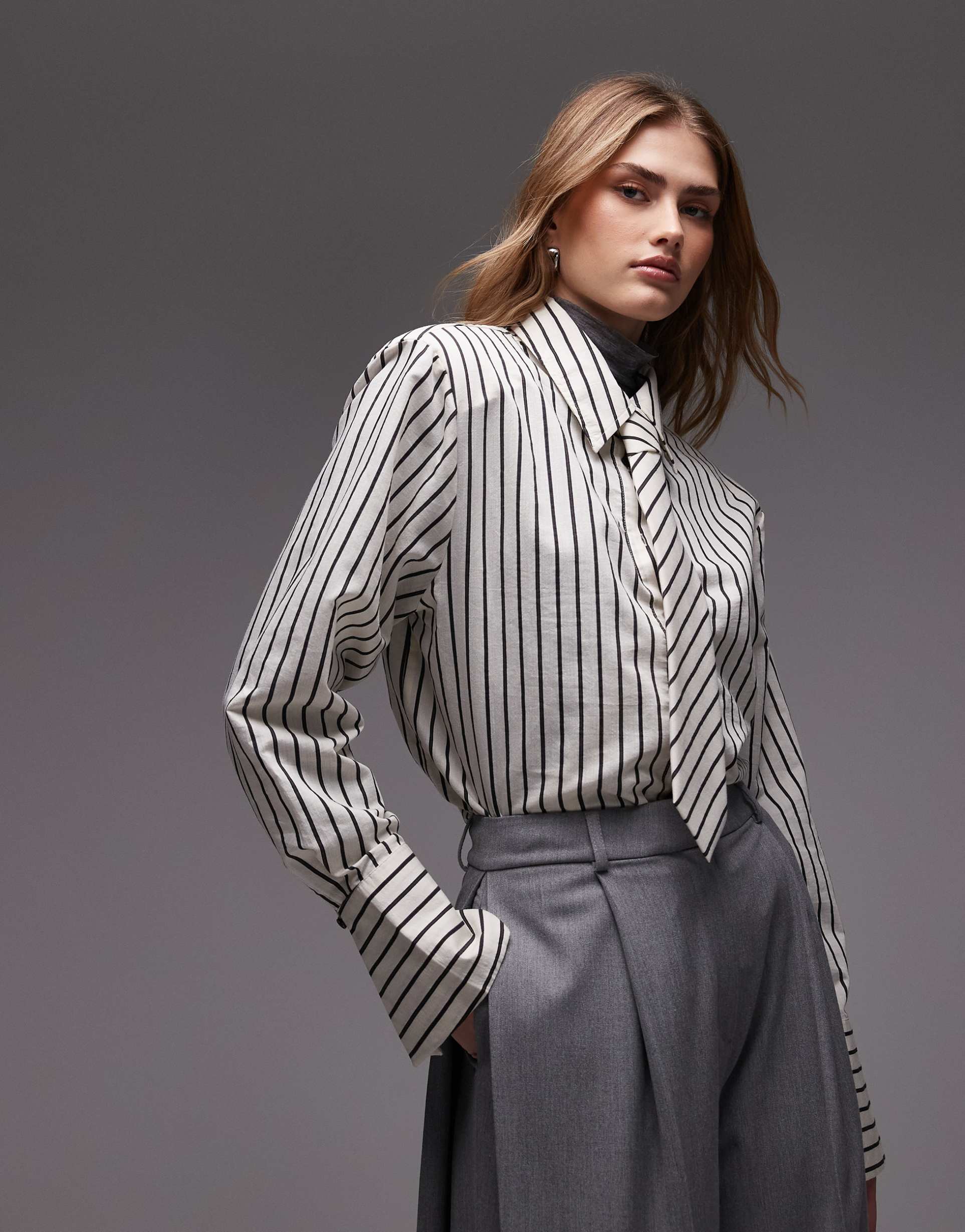 asos design boxy striped shirt with shoulder pads and neck tie