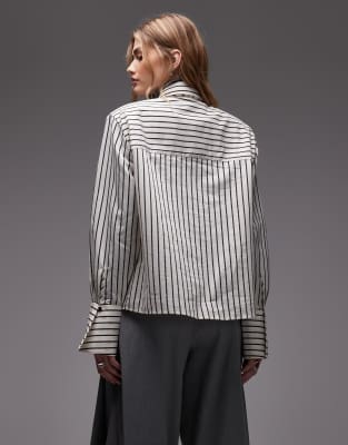 Asos Design Boxy Striped Shirt With Shoulder Pads And Neck Tie-white In White