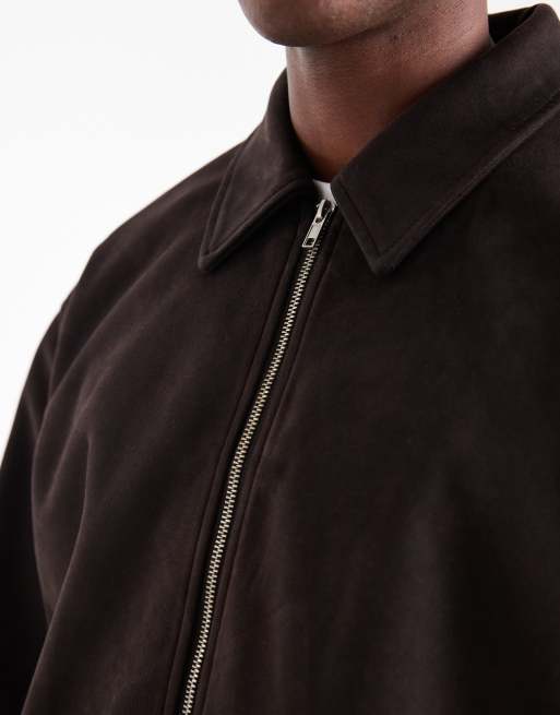 ASOS DESIGN boxy suedette harrington jacket in brown, 5 of 5