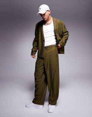 ASOS DESIGN boxy suit in olive crinkle texture - view 1