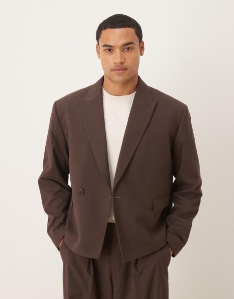 ASOS DESIGN boxy suit jacket in brown flannel - view 1