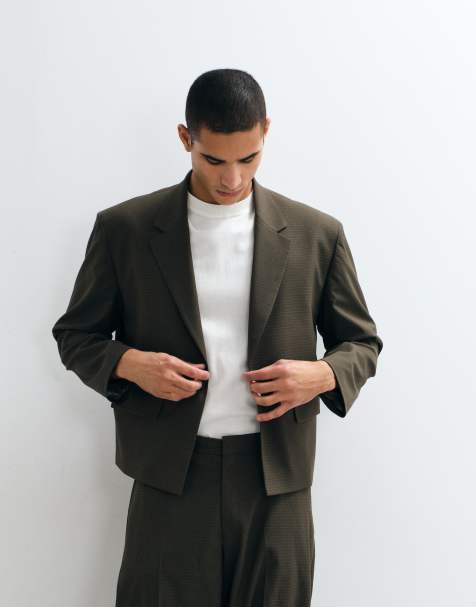 ASOS DESIGN boxy suit jacket in brown grid check print - view 1