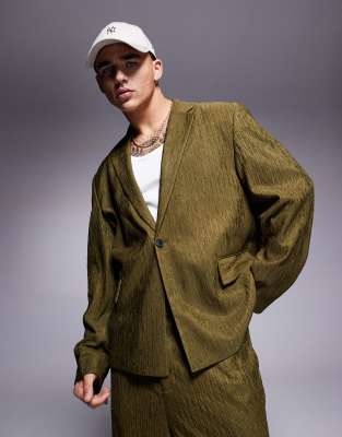 Asos Design Boxy Suit Jacket In Olive Crinkle Texture-green