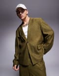 [ASOS DESIGN] ASOS DESIGN boxy suit jacket in olive crinkle texture-Green Chest 44 Regular Olive