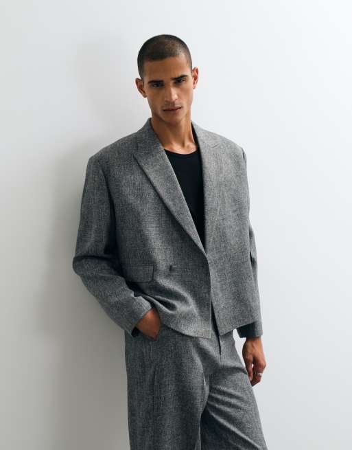 ASOS DESIGN wide tapered suit in salt and pepper grey herringbone, 2 of 3