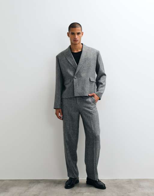 ASOS DESIGN boxy suit jacket in salt and pepper grey herringbone, 2 of 5