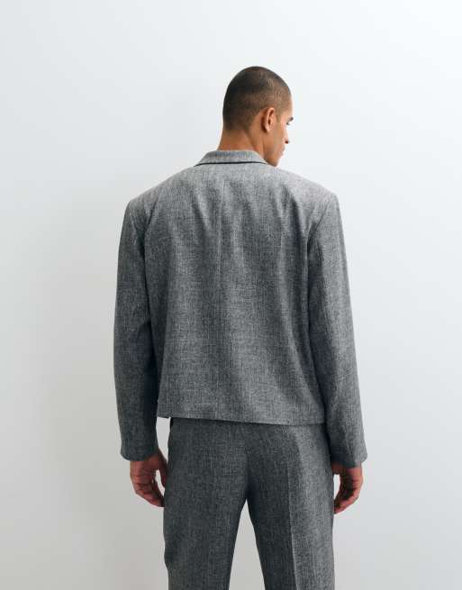 ASOS DESIGN boxy suit jacket in salt and pepper grey herringbone, 5 of 5