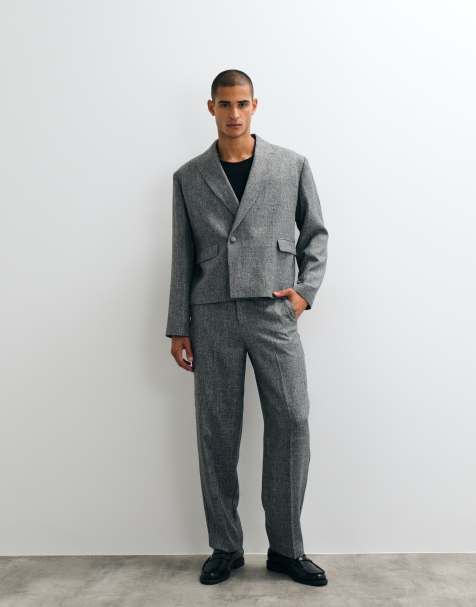 ASOS DESIGN Boxy Suit Jacket & Wide Tapered Suit Trousers in Salt and Pepper Grey Herringbone - view 1