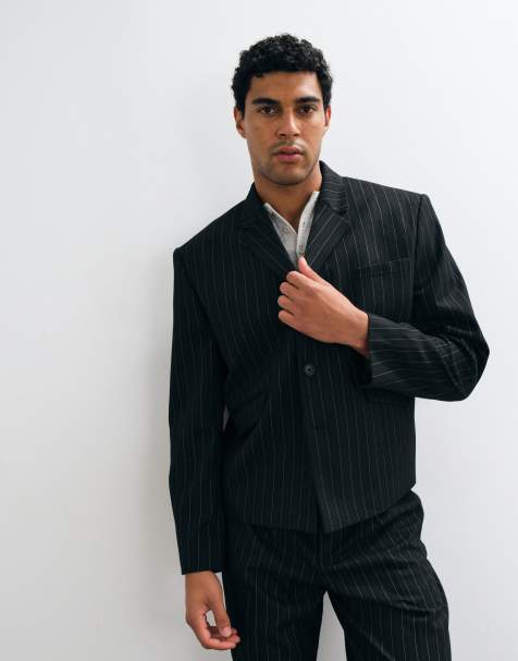 ASOS DESIGN boxy suit jacket with button detailing in black pinstripe - view 1