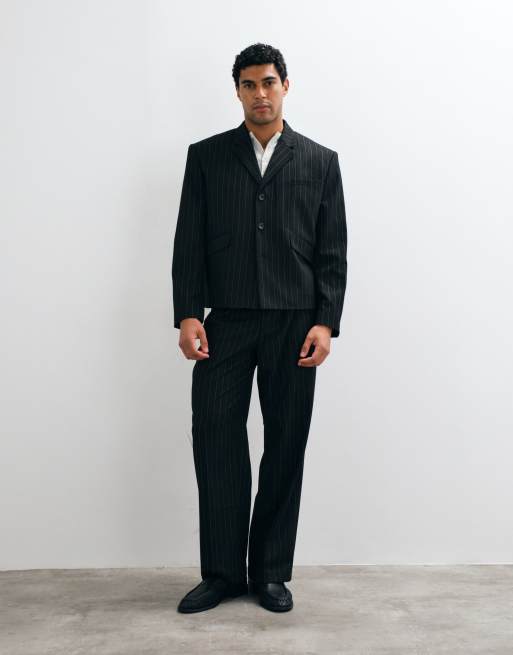 ASOS DESIGN boxy suit jacket with button detailing in brown pinstripe, 3 of 5