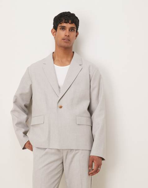 ASOS DESIGN boxy suit jacket with linen in gray texture - view 1