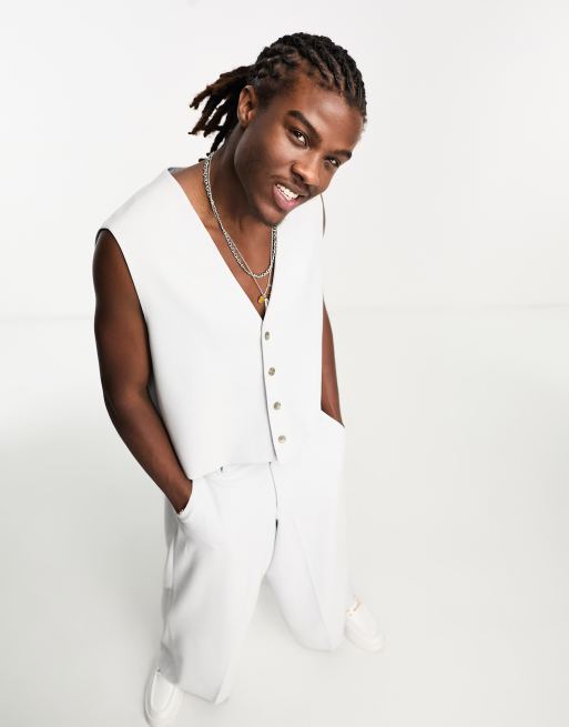 ASOS DESIGN boxy suit vest in mid gray in micro texture
