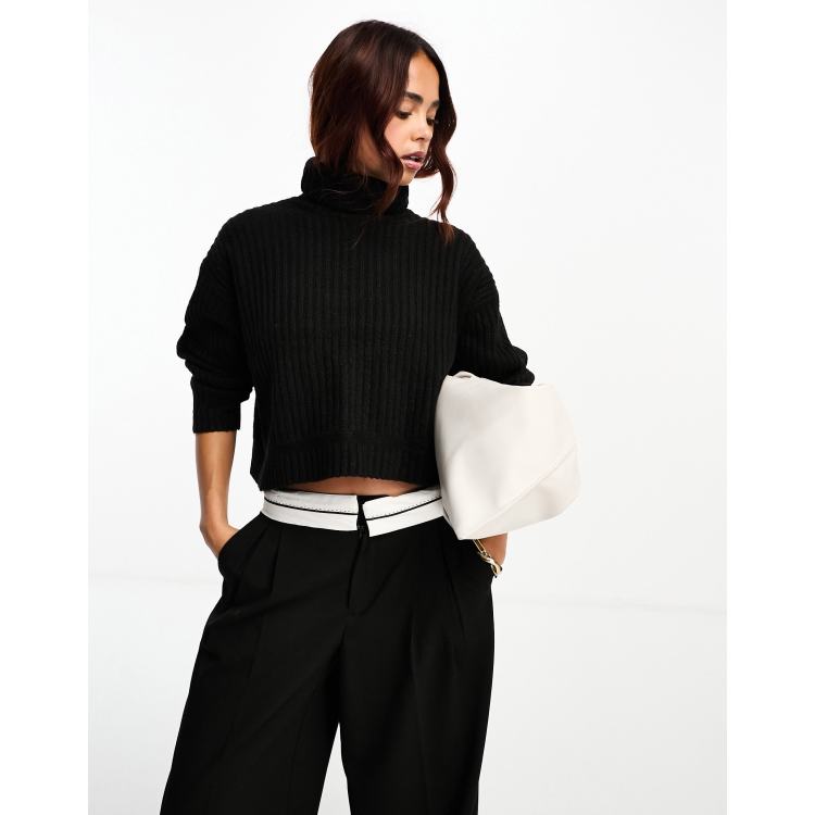 ASOS DESIGN boxy sweater in rib with roll neck in black | ASOS