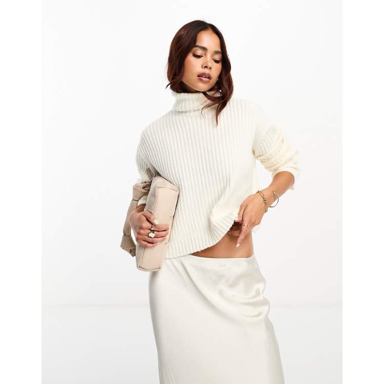 ASOS DESIGN boxy sweater in rib with roll neck in cream | ASOS