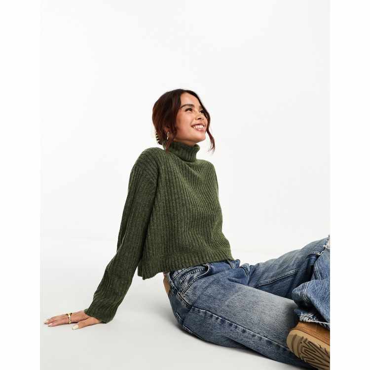 ASOS DESIGN boxy sweater in rib with roll neck in khaki