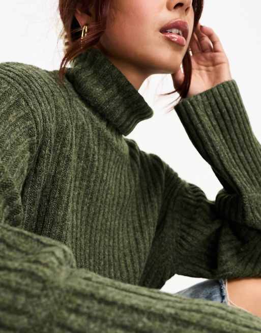 ASOS DESIGN boxy sweater in rib with roll neck in khaki