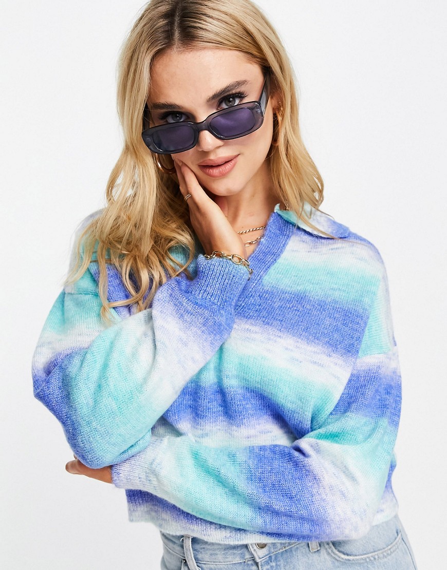 ASOS DESIGN boxy sweater with collar in space dye in blue-Blues