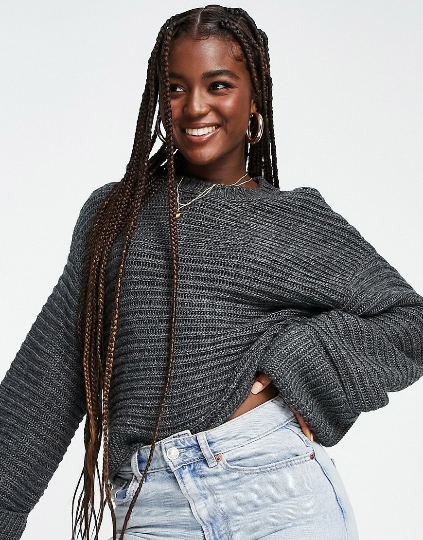 ASOS DESIGN boxy sweater with turn back cuff in horizontal rib in charcoal-Gray