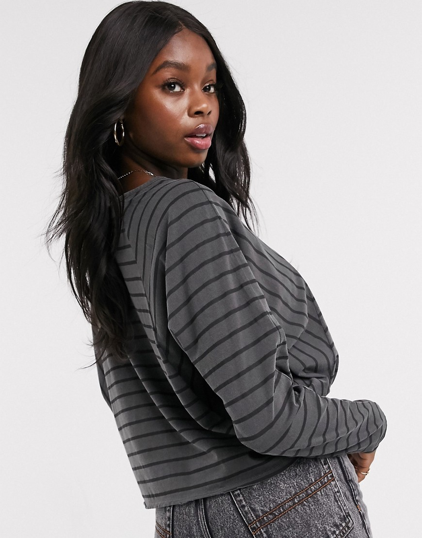 Asos Design Boxy T-shirt In Washed Stripe With Long Sleeve-gray