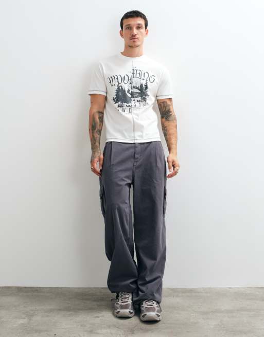 ASOS DESIGN boxy T-shirt met contrasterende stiksels en landschapsprint in gebroken wit, 2 van 10