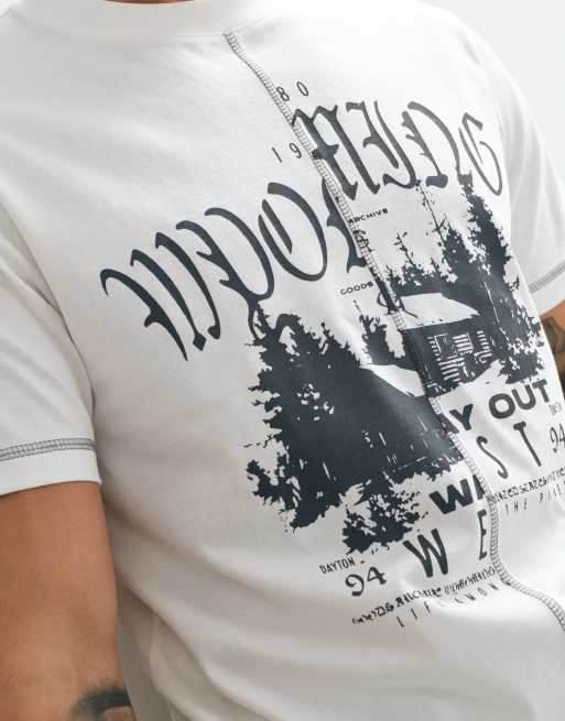 ASOS DESIGN boxy T-shirt met contrasterende stiksels en landschapsprint in gebroken wit, 3 van 10