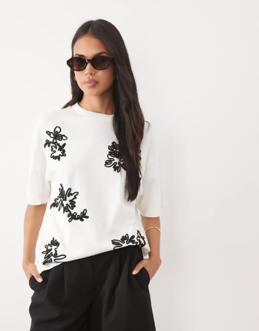 ASOS DESIGN boxy t-shirt with cornelli floral detail in white, 2 of 4