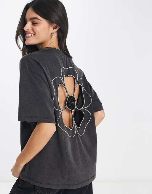 ASOS DESIGN boxy t-shirt with cut out diamante flower in washed charcoal