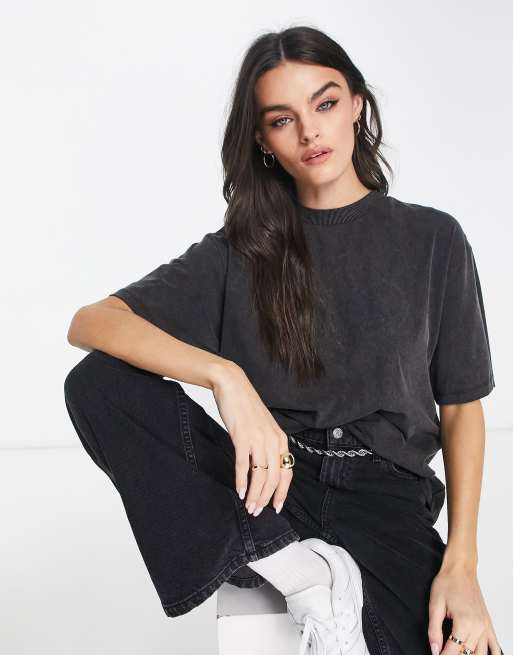 ASOS DESIGN boxy t-shirt with cut out diamante flower in washed charcoal, 2 of 4