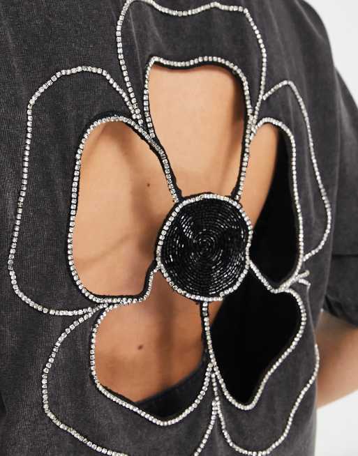 ASOS DESIGN boxy t-shirt with cut out diamante flower in washed charcoal, 3 of 4