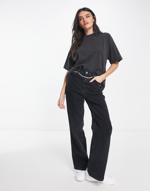ASOS DESIGN boxy t-shirt with cut out diamante flower in washed charcoal, 4 of 4