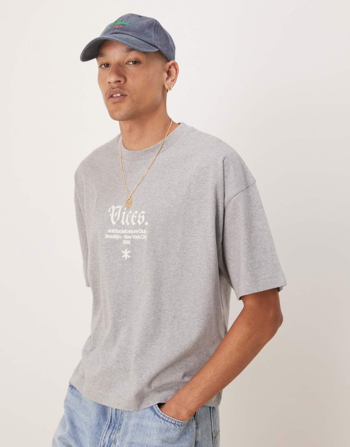ASOS DESIGN boxy t-shirt with gothic text graphic in grey marl